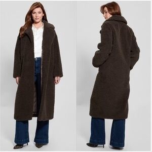 Guess Womens Eco Alina Teddy Longline Coat Brown XS Winter Coat